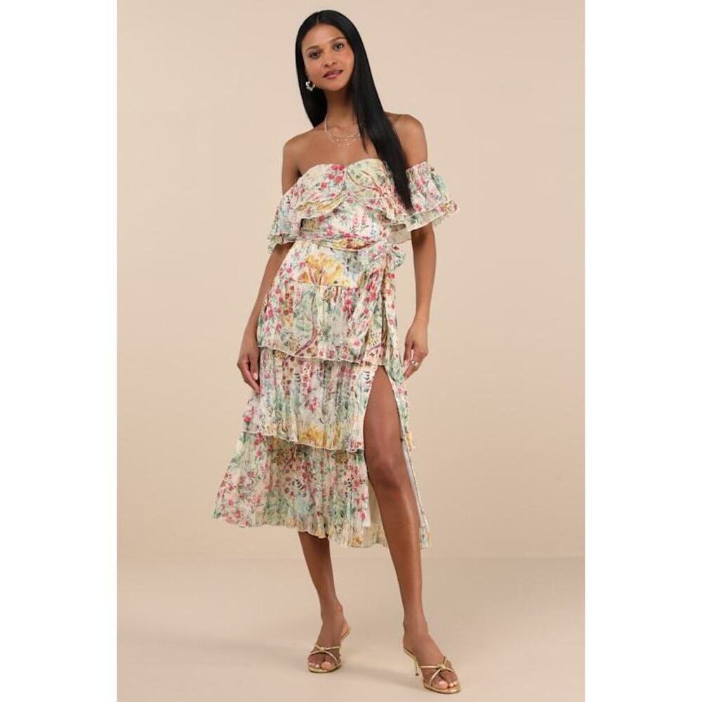 Lulus Cream Multi Floral Tiered Off-the-shoulder Midi Dress White NEW W TAGS